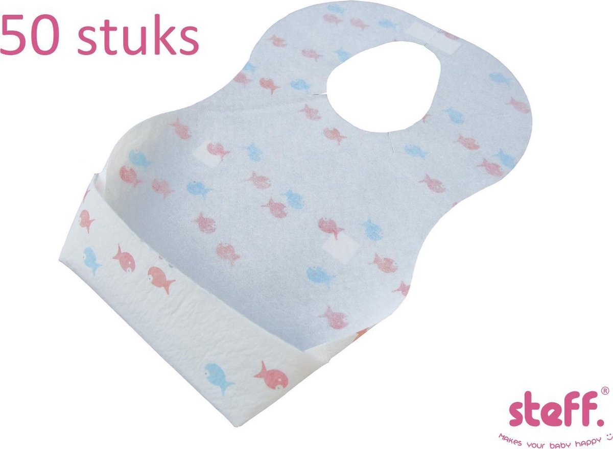 Steff - Wegwerp Slabbetjes - 50 stuks - Wit met print visjes