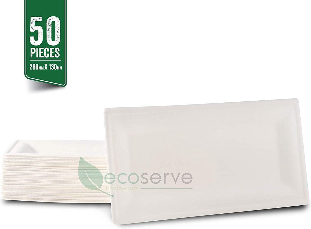 Ecoserve Tableware Wegwerp Borden - Bagasse - 260x130cm / 10x5 inch - 50 Stuk - 100% Biologisch Afbreekbaar