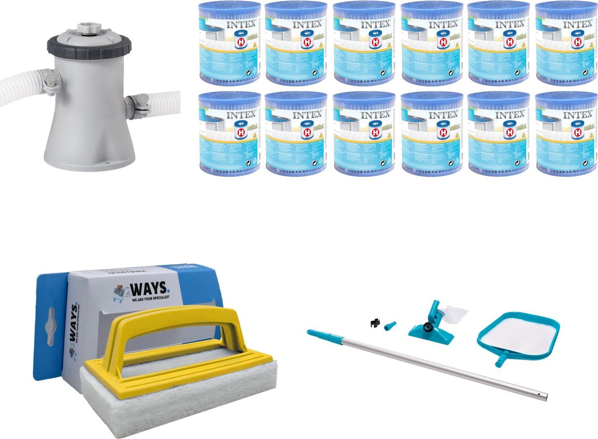 WAYS - Zwembad Onderhoud - Intex Onderhoudsset & Intex Filterpomp 28602GS & 12 Intex Filters Type H & WAYS Handy Scrubborstel
