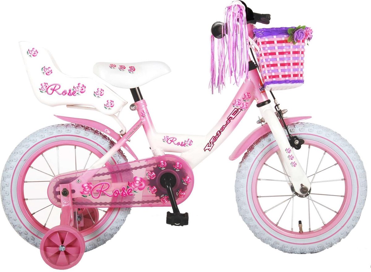 Volare Rose Kinderfiets - Meisjes - 14 inch - Roze Wit - 95% afgemonteerd