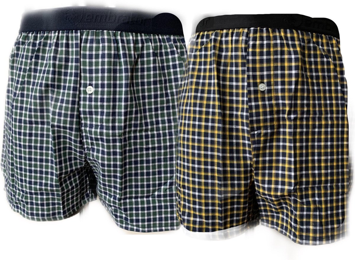 Embrator 2-stuks mannen Boxershorts geweven katoen donkerblauw/donkergroen/geel XL