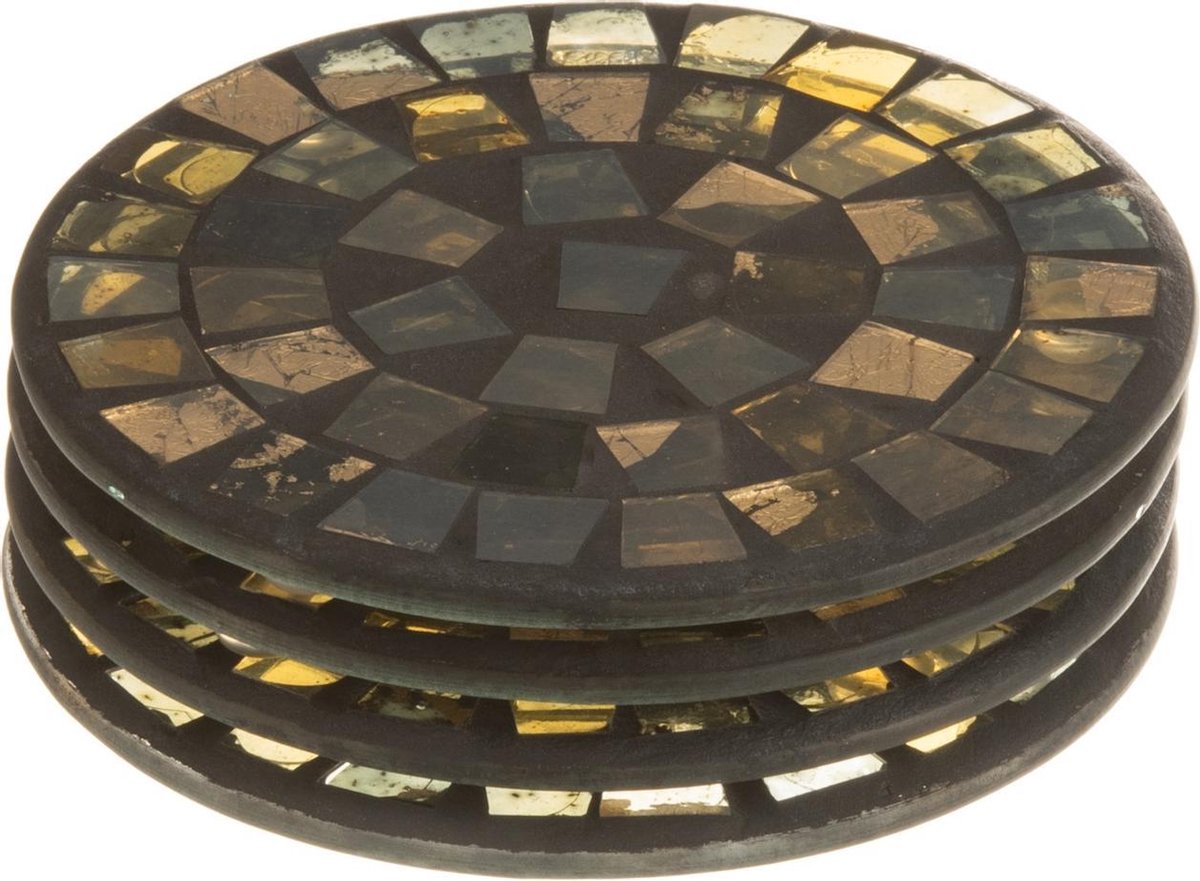 J-Line Doos 4 Onderzetters Mozaïek Rond Glas Goud/Grijs