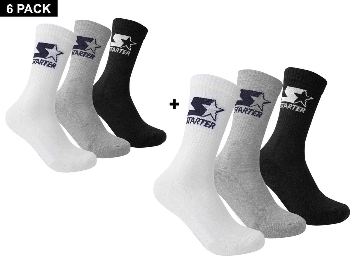 Starter 6-Pack Sportsokken - Grijs/Wit/Zwart - Kindersokken - maat  27 - 30