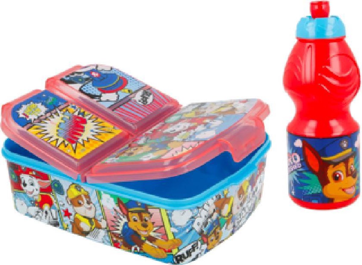 Paw Patrol  3 compartimenten brooddoos (18 cm - 13 cm - 6 cm) + Drinkfles (18 cm hoog - 400 ml)