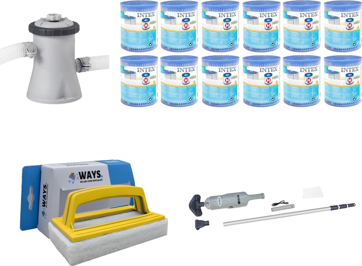 WAYS - Zwembad Onderhoud - Intex Zwembadstofzuiger & Intex Filterpomp 28602GS & 12 Intex Filters Type H & WAYS Handy Scrubborstel