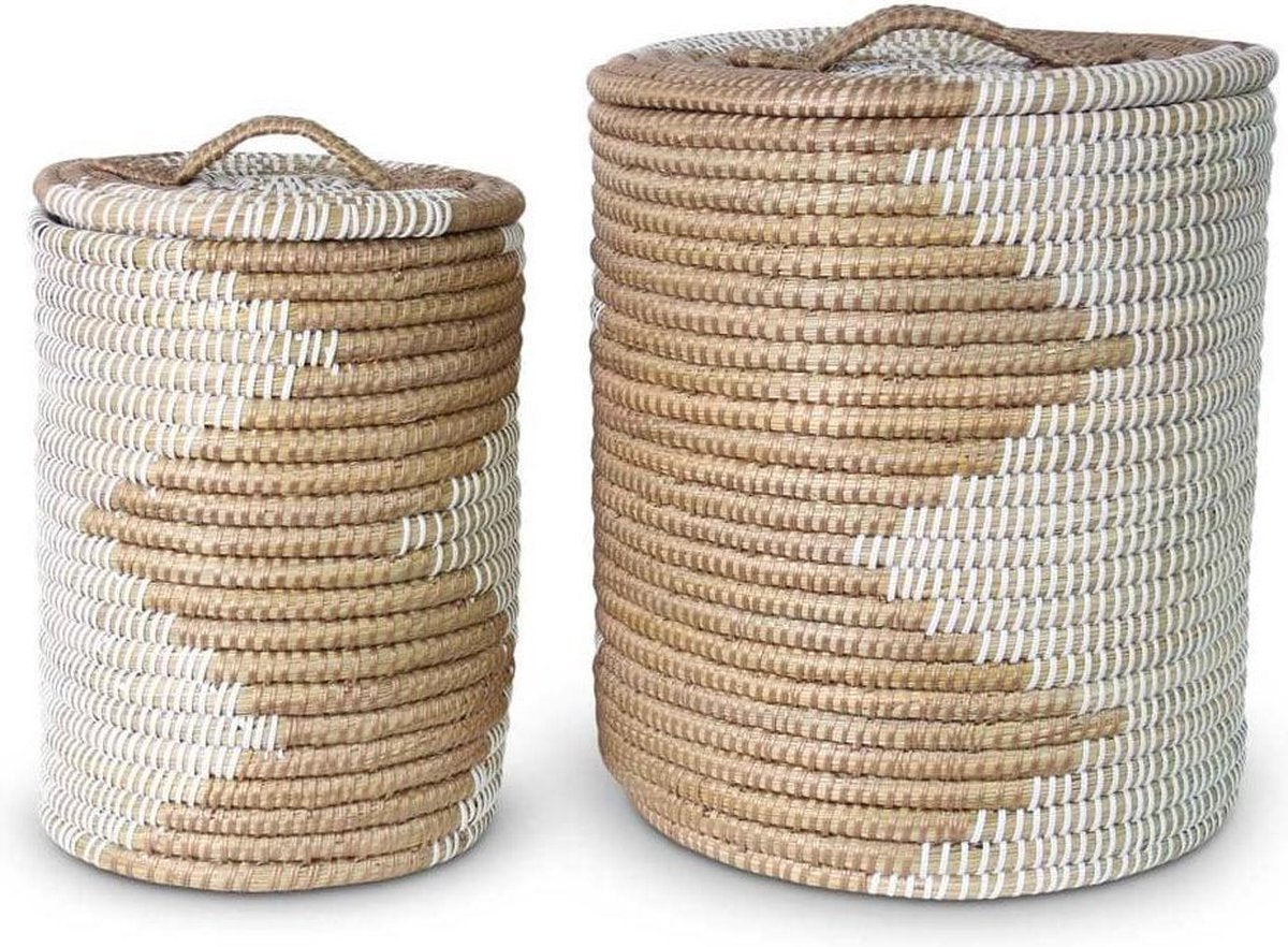 Wasmand met deksel van Zeegras Goud-Wit