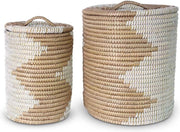 Wasmand met deksel van Zeegras Goud-Wit
