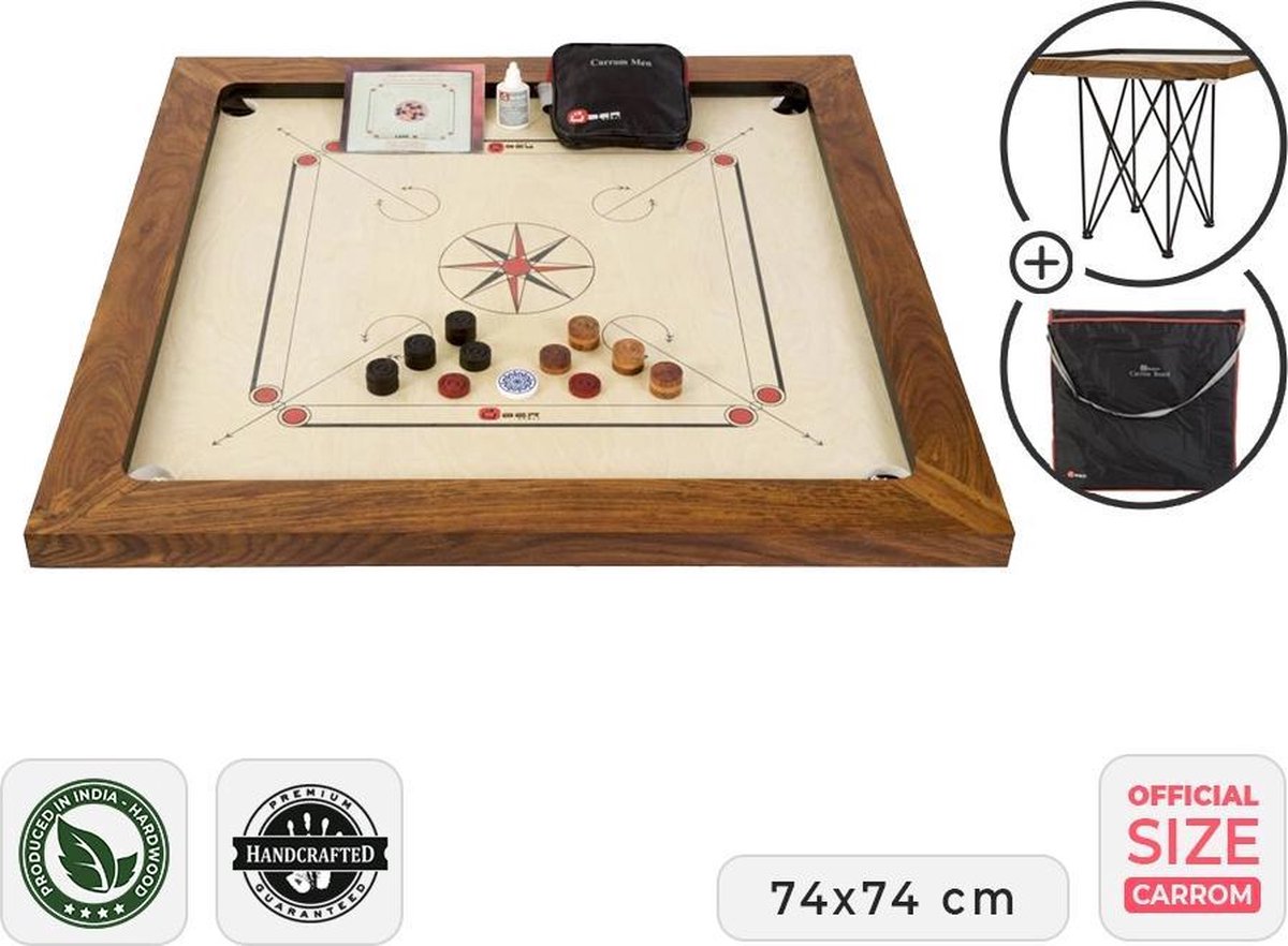 Grootmeester Carrom - 17 kg.  Hardhout - met Draagtas  en Tafel Compleet en Luxe