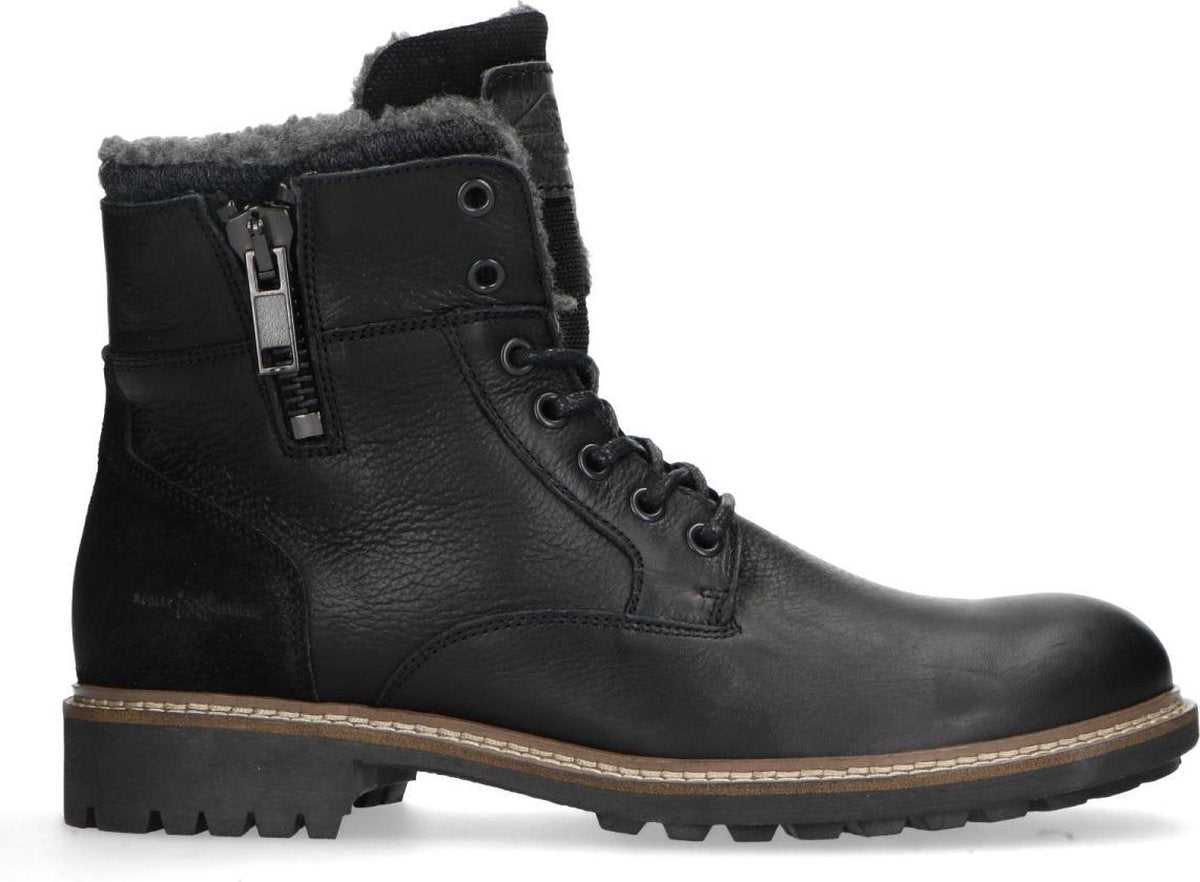 Manfield - Heren - Zwarte leren veterboots met wol - Maat 42
