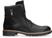 Manfield - Heren - Zwarte leren veterboots met wol - Maat 42