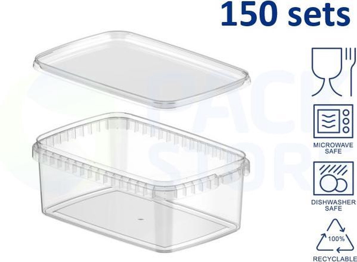 Plastic bakjes rechthoekig 1200ml. Transparant met deksel. 150 stuks