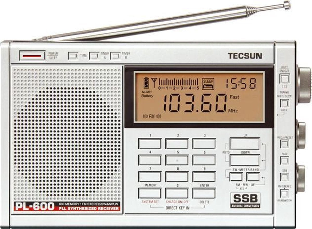 Tecsun PL600 zilver wereld ontvanger met AM-SSB