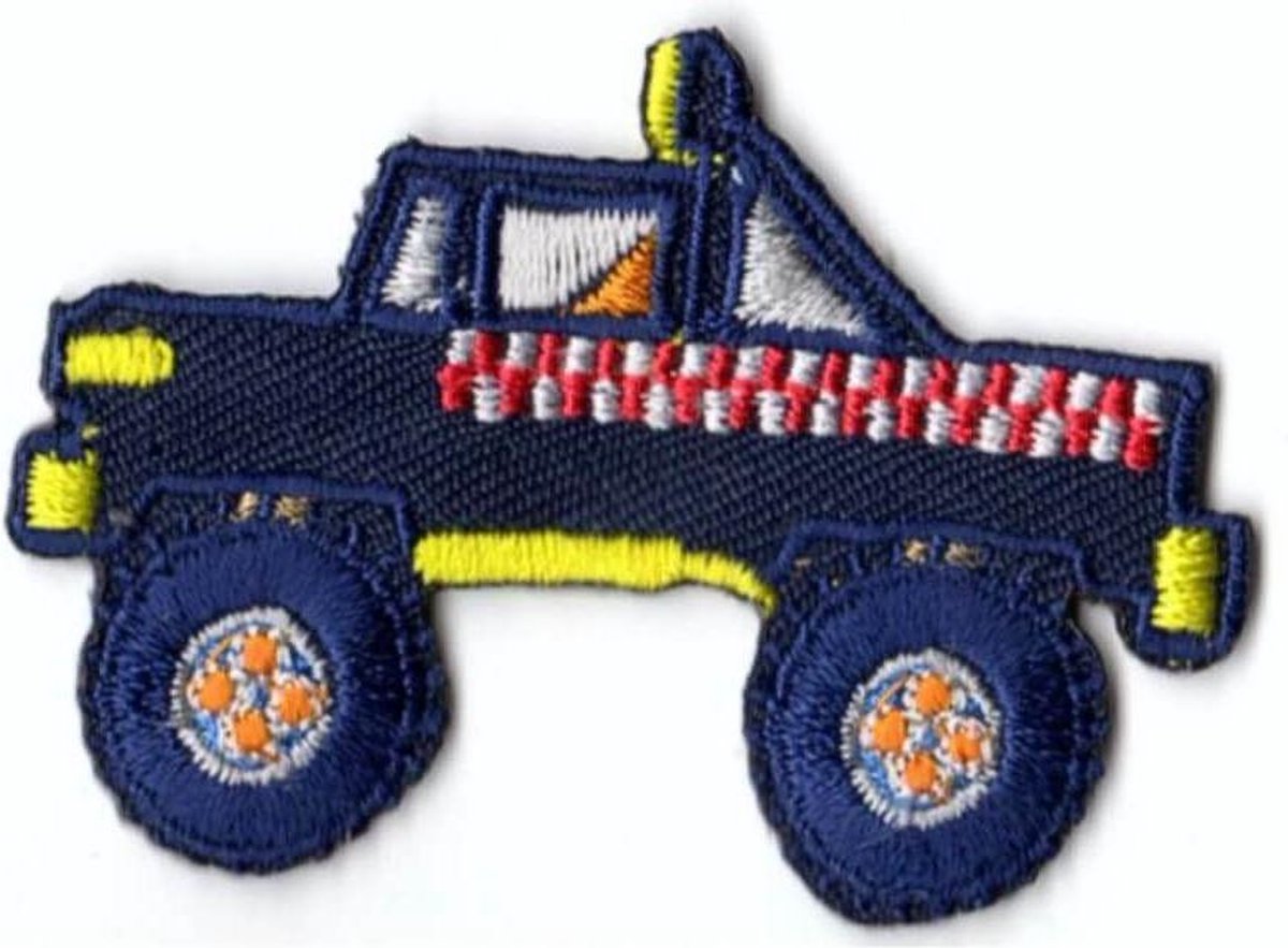 APPLICATIE MONSTERTRUCK OPSTRIJKBAAR BLAUW 6 X 4 CM. 5STUKS.