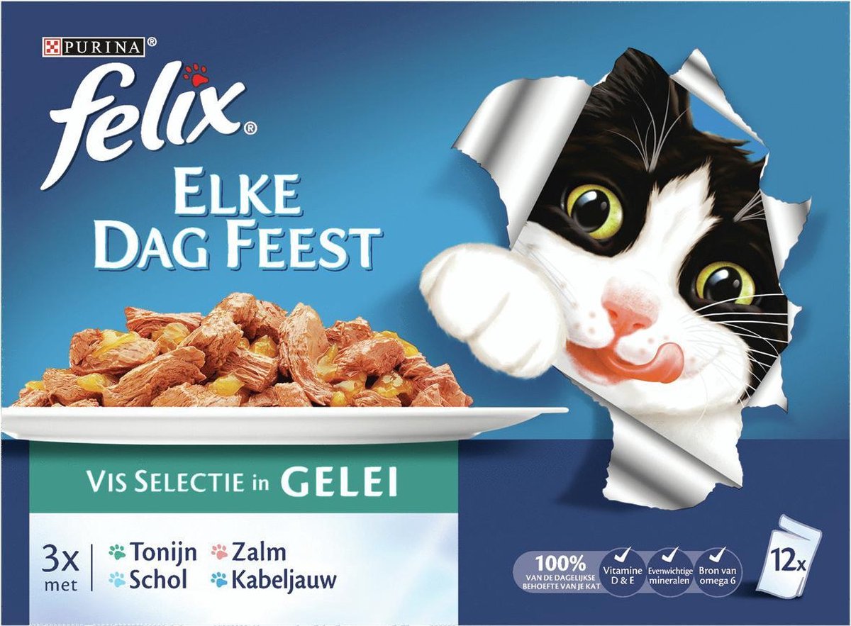 FELIX Elke Dag Feest - met malse reepjes Vis in Gelei 12-pack portiezakjes - kattenvoer - 12x100g