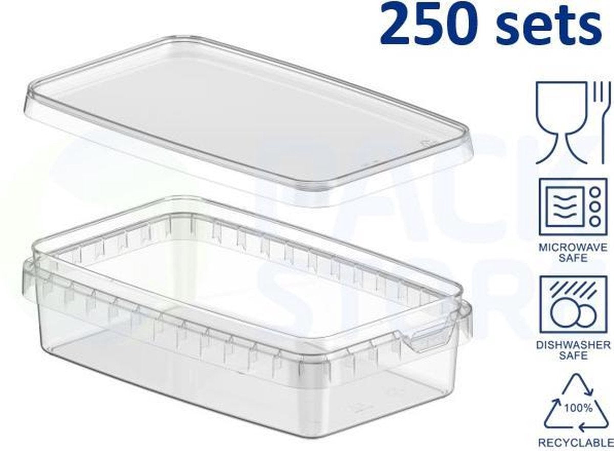 250 x Plastic bakjes rechthoekig - 550ml - transparant met deksel - geschikt voor diepvries