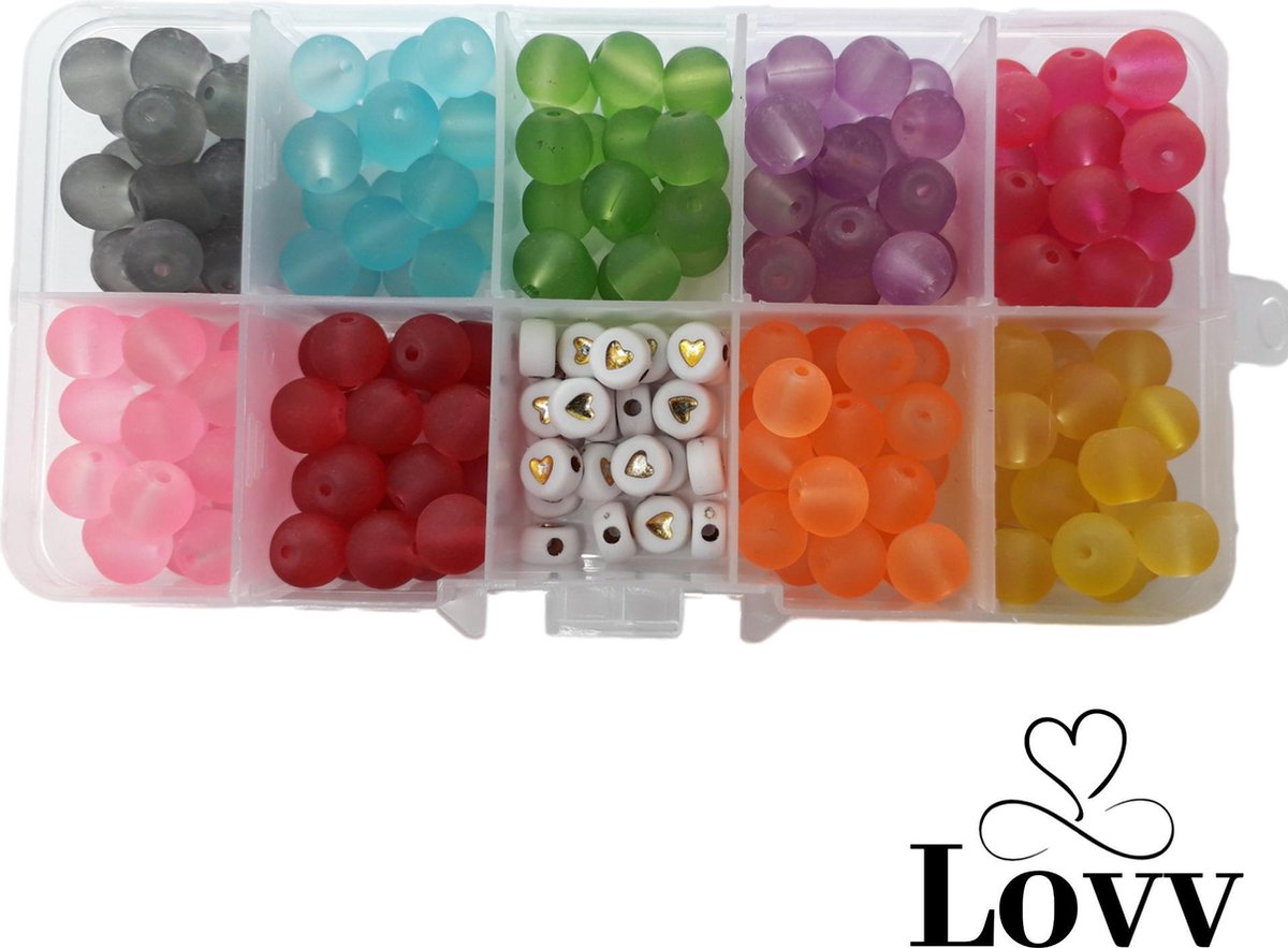 Kralen-Sieraden Maken- 180 Glaskralen-Frosted -8mm- en 25 Acrylkraaltjes Wit met Gouden Hartjes van7mm