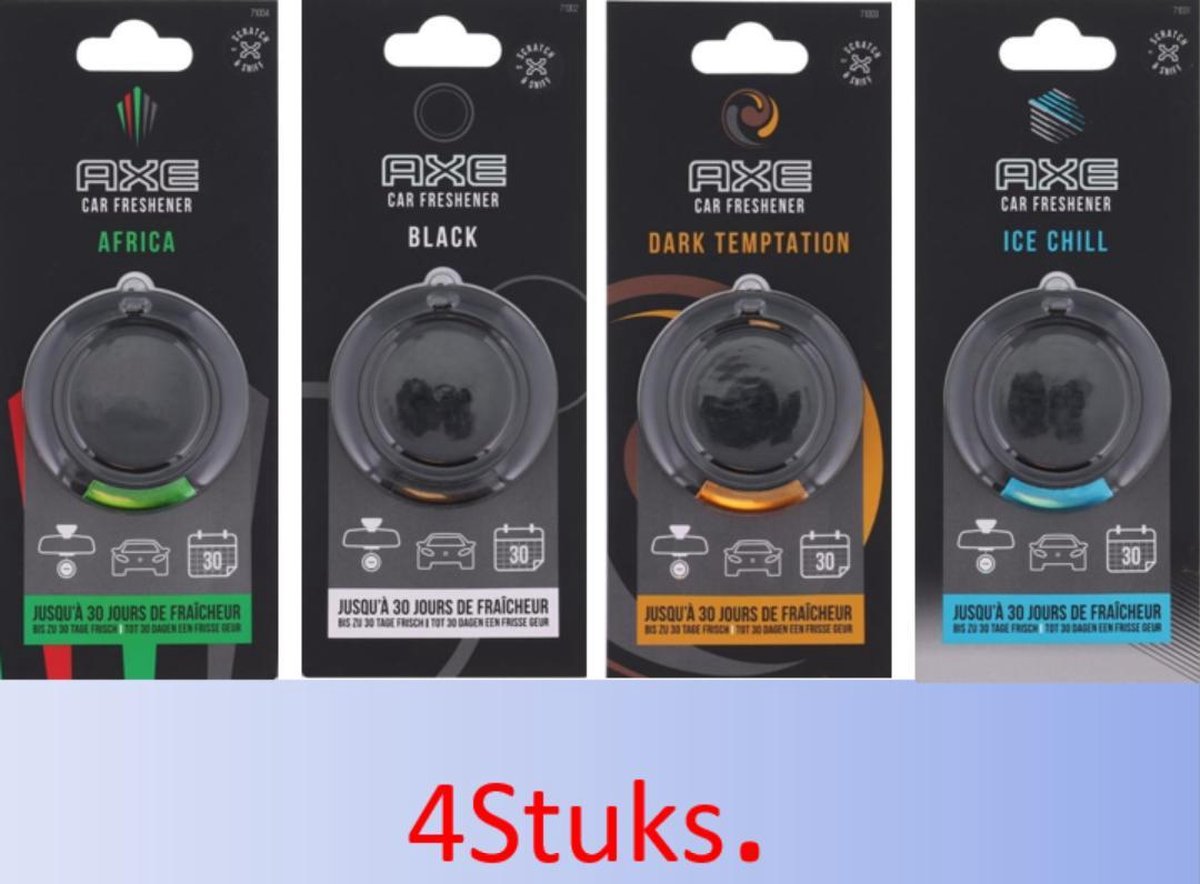 Axe auto luchtverfrisser - luchtverfrisser - axe - 1x geur Africa - 1x geur Black - 1x geur Dark Temptation - 1x geur Ice Chill - Auto luchtverfrisser.