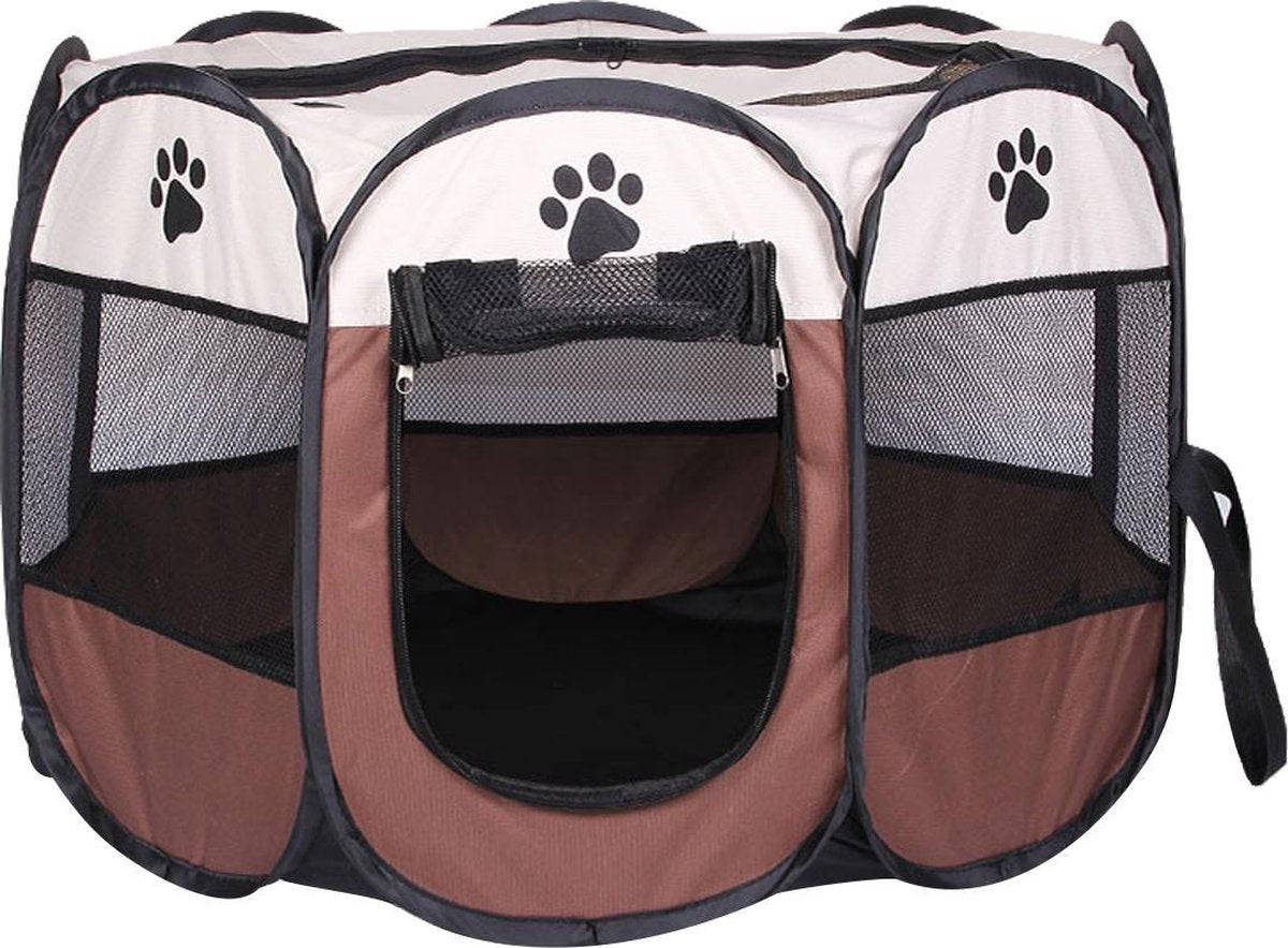 Puppyren / hondenren / puppytent draagbaar Maat L - Coffee / Wit - Afmeting: 91 x 91 x 58 CM