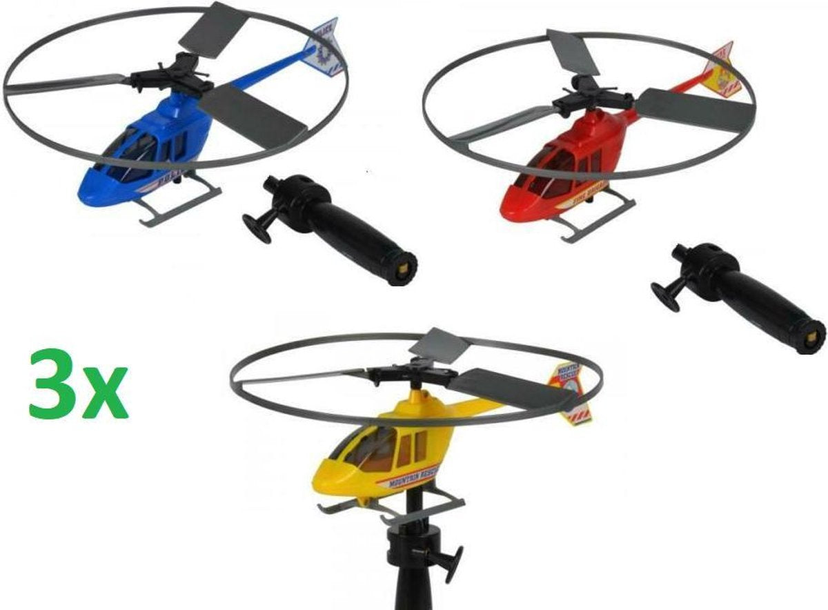 3x Eddy Toys Helikopter Met Trekkoord 30 Cm     BLAUW- ROOD- GEEL