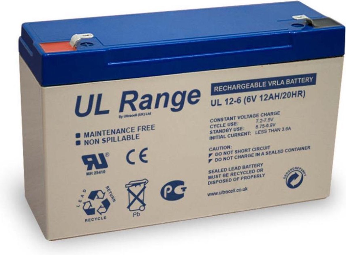 Ultracell 6 Volt 12Ah voor elektrische kinderauto - kindermotor - kinderquad - kindertractor - accuvoertuig