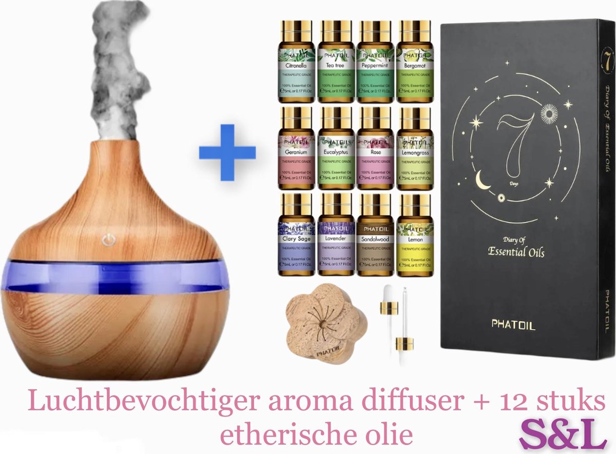 luchtbevochtiger Aroma Diffuser 300ML voor Aromatherapie - Incl. 12x Etherische Olie - usb mini mist set met led