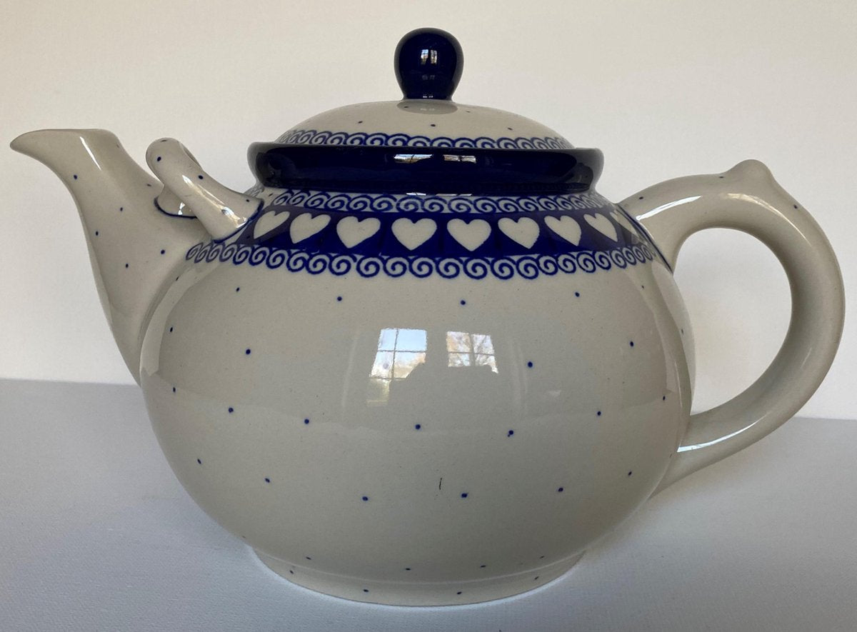 Bunzlau theepot met rand van hartjes 3 liter blauw