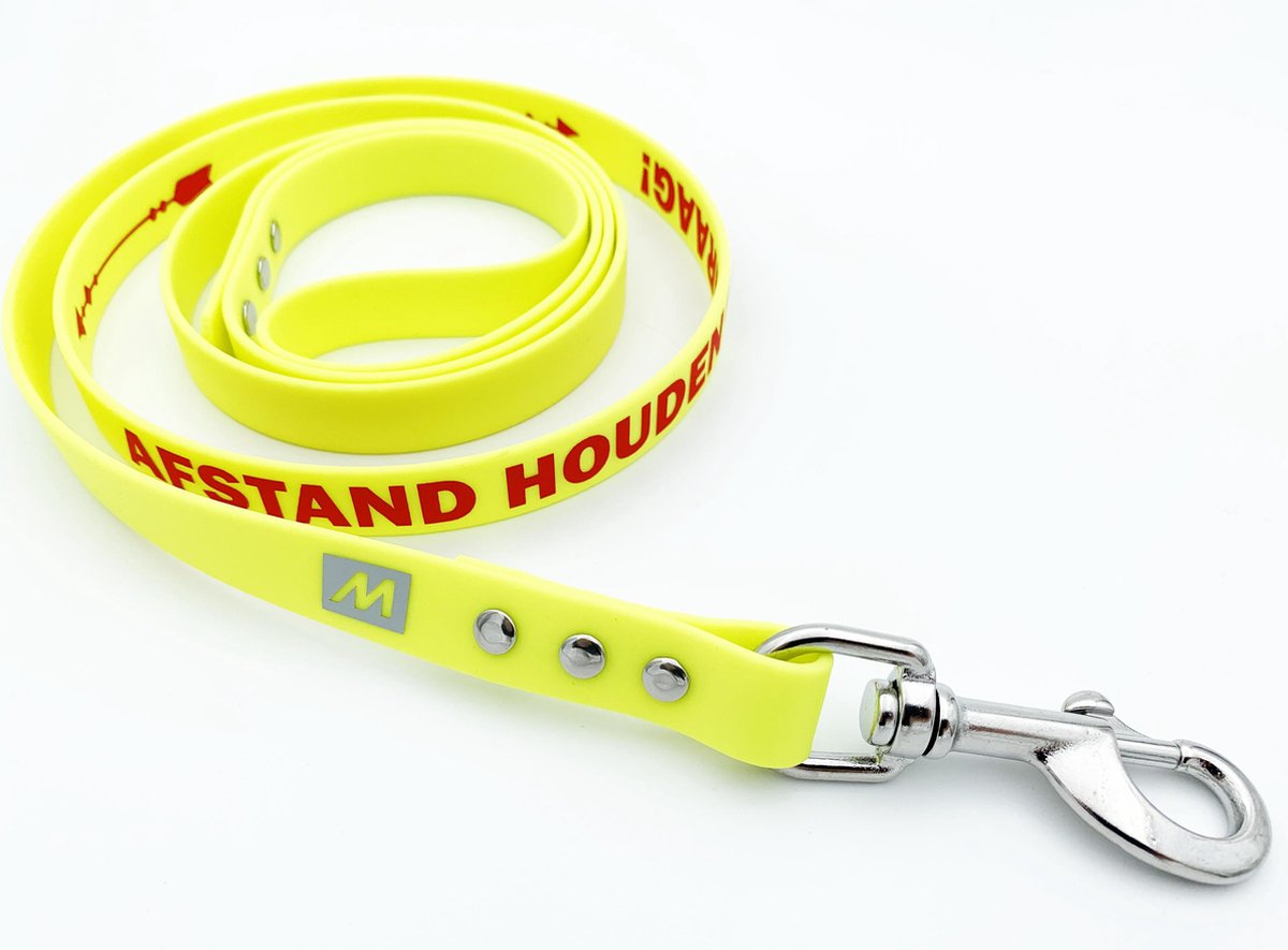 Miqdi BioThane hondenriem – neon geel – 19 mm breed - 1.5 meter lang - met tekst: Aaien? Eerst vragen!