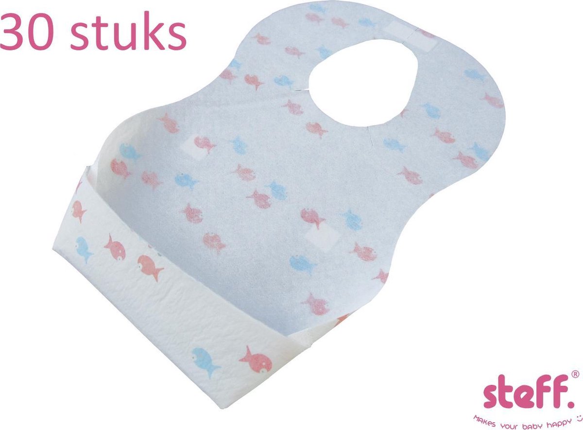 Steff - Wegwerp Slabbetjes - 30 stuks - Wit met print visjes