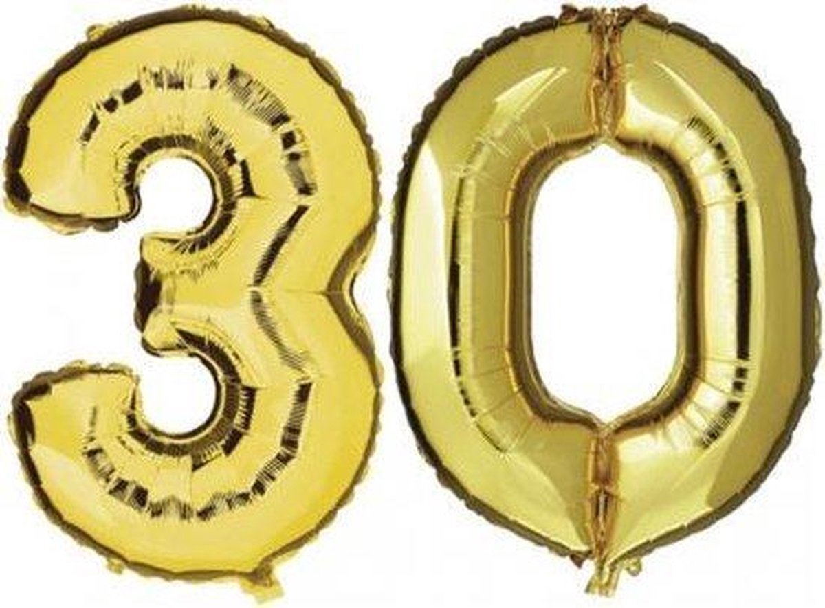 Folie ballon goud XL cijfer 30  is + - 1 meter  groot  inclusief een flamingo sleutelhanger