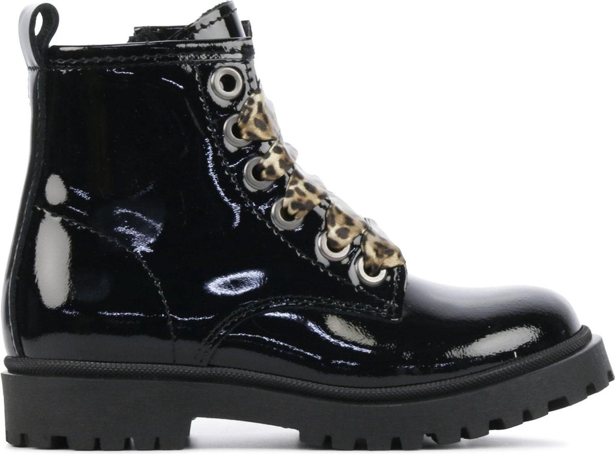 Pinocchio Vrouwen Leer Panterprint Veterboots / Laarzen / Meisjesschoenen P1992 - Zwart - maat 23