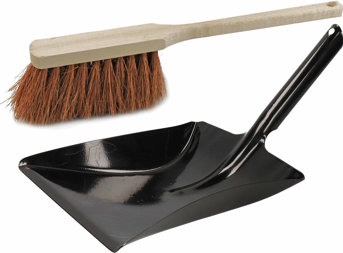 Stoffer en blik van zwart metaal en kokosvezel voor binnen en buiten met lange steel 45 cm