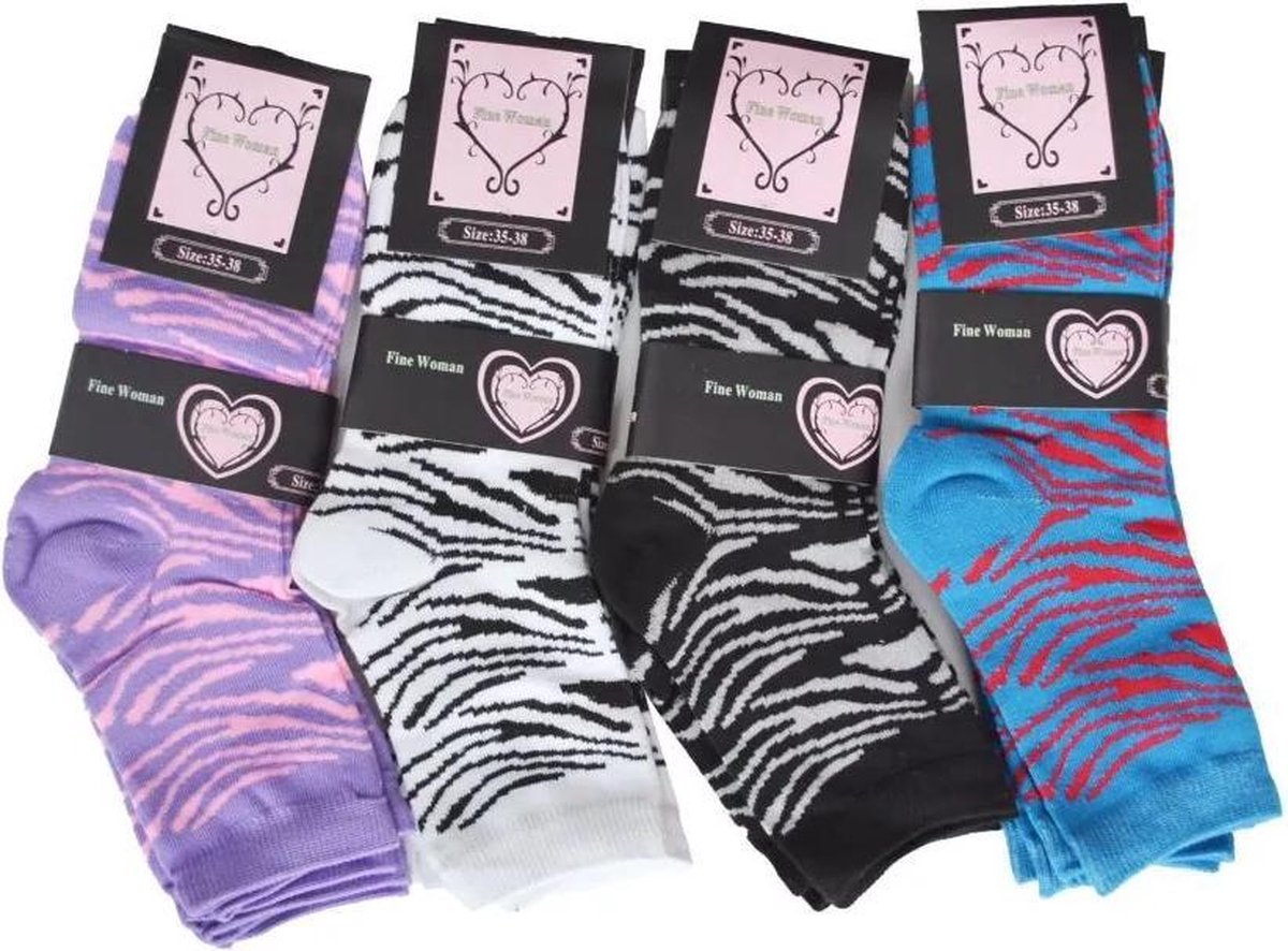 Fine Woman damessokken - Colourfull Zebra - 4-pack - 39-42 (vallen klein uit)