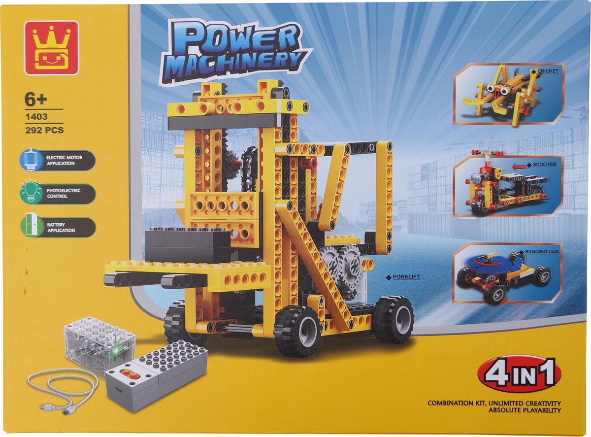 Wange 4-in-1 Technic Power Machinery technische bouwstenenset - 292 onderdelen - 4 machines te maken - Incl. lichtgevende motor - Compatibel Met Lego