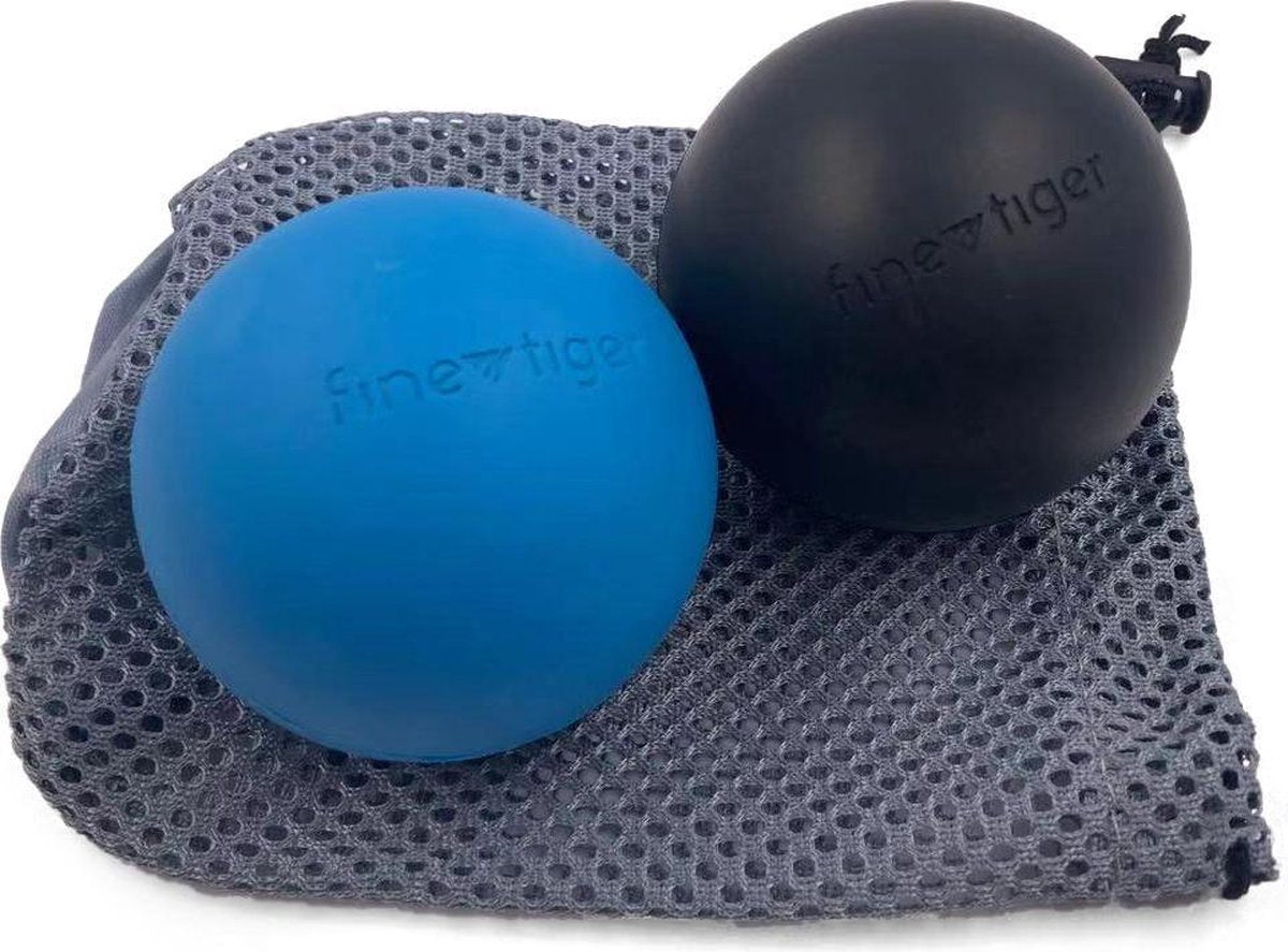 finetiger® 2x Massage Bal – Triggerpoint Bal – Lacrosse Bal - Hard - Zwart/Blauw – Massageapparaten – Incl. Opbergtas