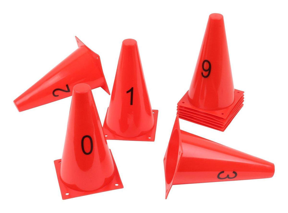 Vinex - 10 Pionnen Genummerd - met cijfers - 0 t/m 9 - ca. 23 cm hoog - Rood - Pionnenset van 10 stuk - Kegel - Horden - Pion - Pylon - Pylonen