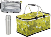 Picknickmand met koelvak - Koeltas - Strandtas - Picknickmand 2 personen - Picknickmand zonder inhoud - Met thermosfles 500 ml - Picknickmand Bloemen - Groen - Picknickmand leeg - Picknickmand opvouwbaar