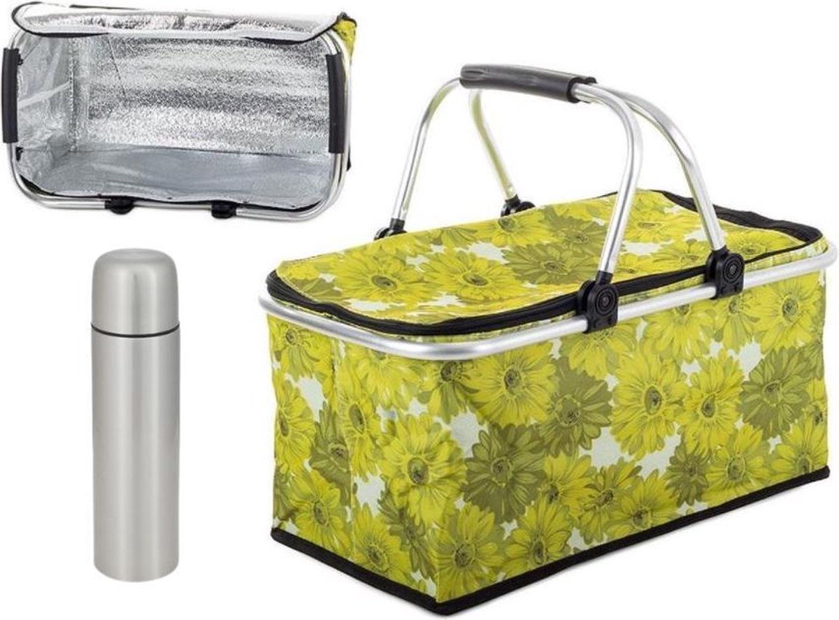 Picknickmand met koelvak - Koeltas - Strandtas - Picknickmand 2 personen - Picknickmand zonder inhoud - Met thermosfles 500 ml - Picknickmand Bloemen - Groen - Picknickmand leeg - Picknickmand opvouwbaar