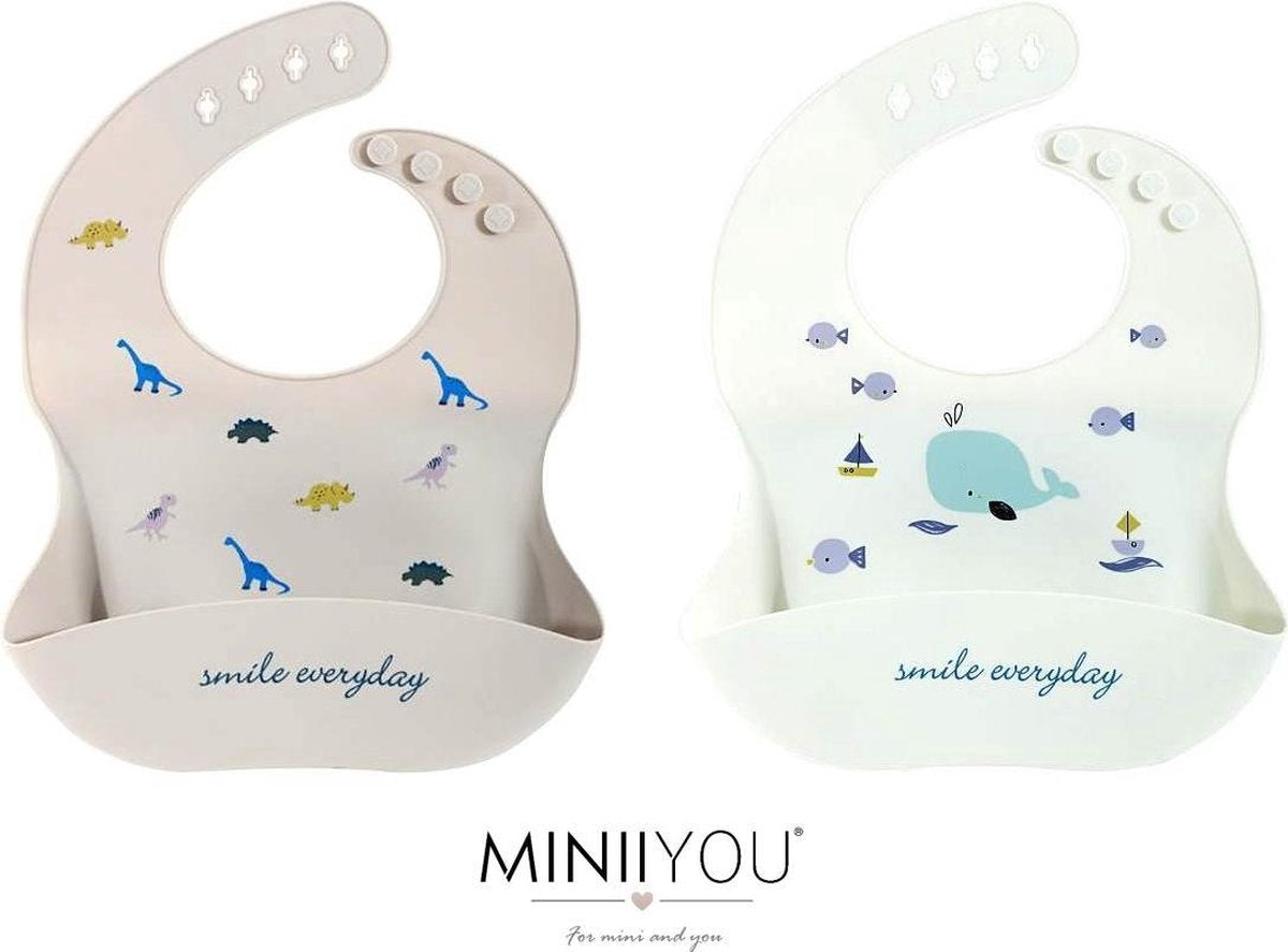 2 stuks - Siliconen slabbetjes met opvangbak - dinosaurus - walvis - baby en peuter - wasbaar