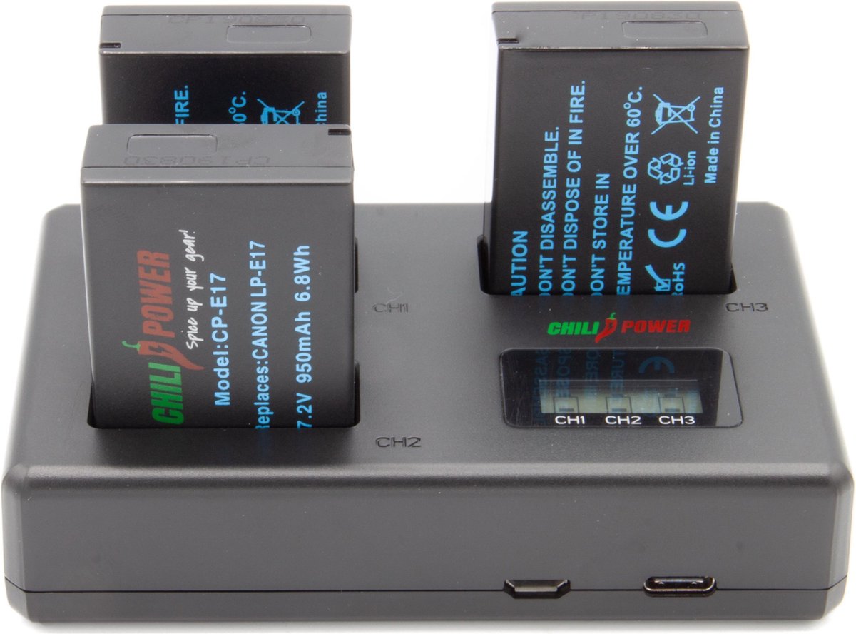 ChiliPower Canon Accu LP-E17 Kit Deluxe - 3 accu's + Triple lader