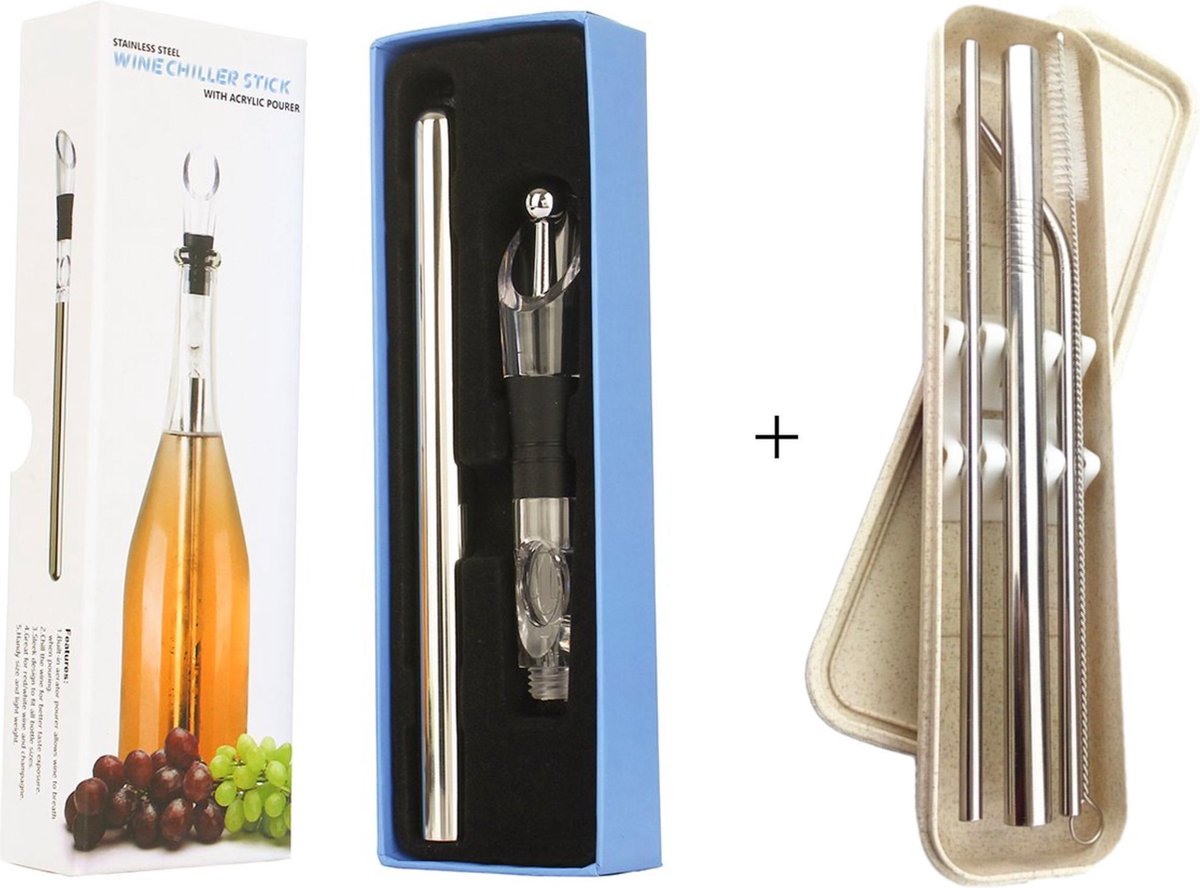 Wijnkoeler - Wijnkoeler stick -  met Schenktuit + Wijnstopper – Giftbox – met Set RVS Rietjes