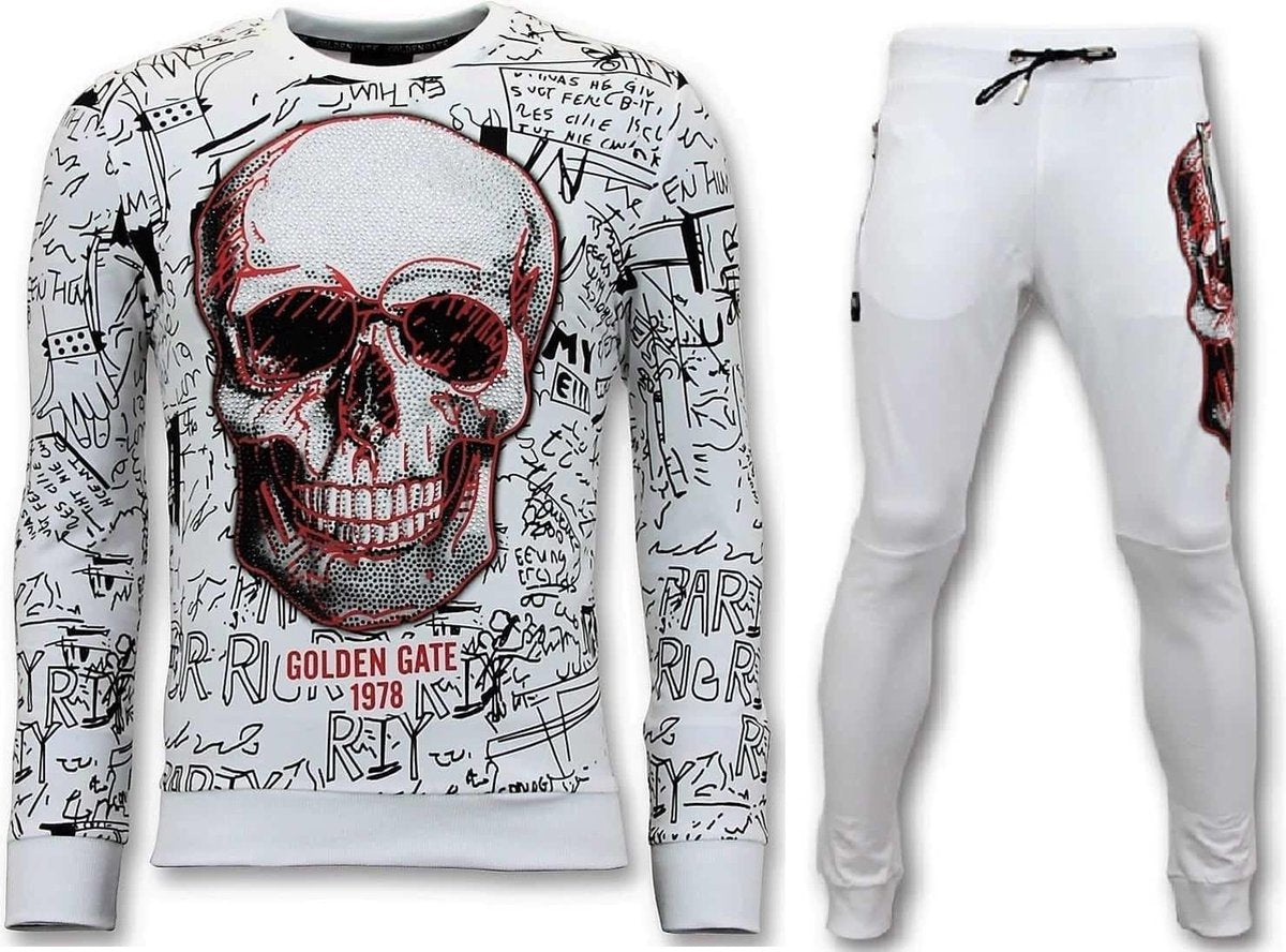 ENOS Joggingpak Heren met Print - Neon Doodskop - Wit - Maat: L
