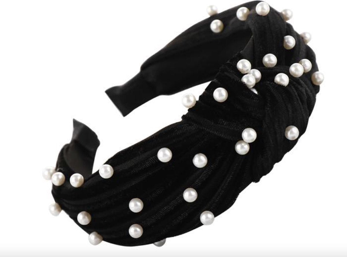 Haarband fluweel - velvet - hairband - parel - pearl - zwart - wit