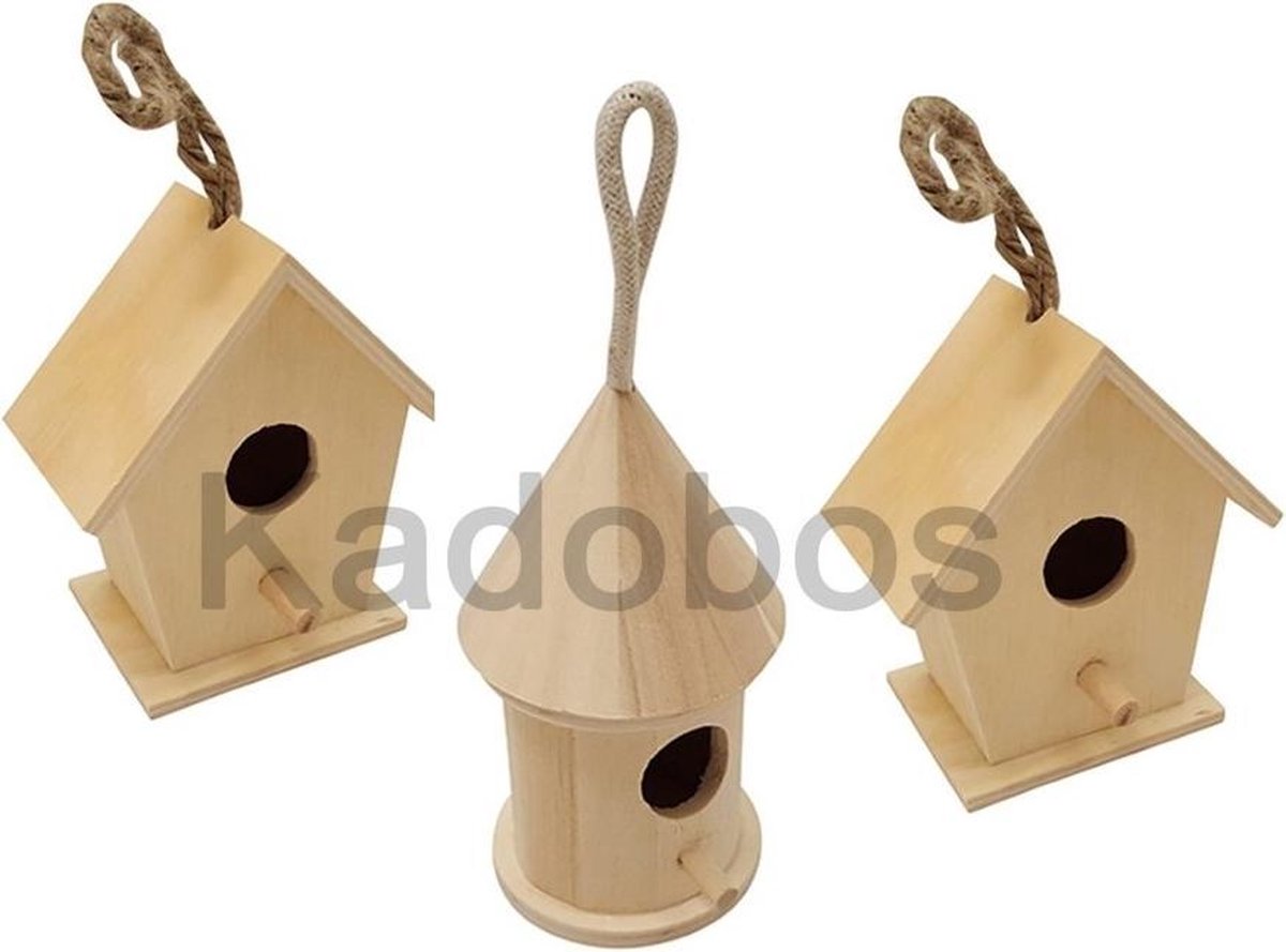 Houten vogelhuisjes 3x met lus DIY
