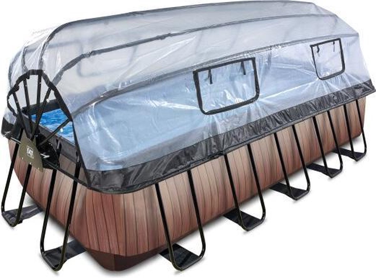 EXIT Wood zwembad 540x250x122cm met overkapping en filterpomp - bruin