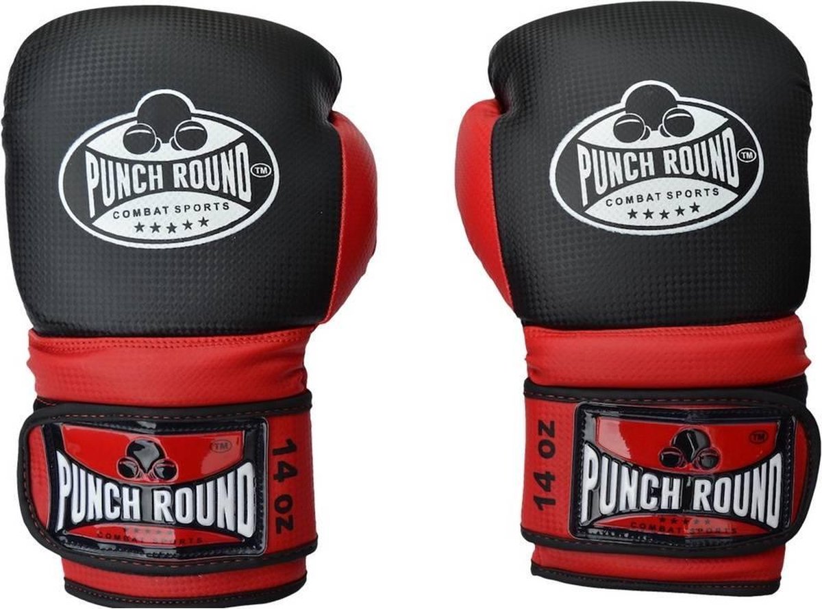 Punch Round Bokshandschoenen Combat Sport Carbon Zwart Rood 6 OZ Bokshandschoenen