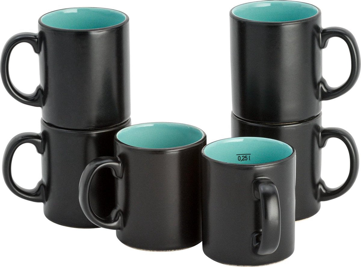 Lite-Body Zen Koffie Beker 25 cl - Set van 6 stuks - Aardewerk - Zwart mat