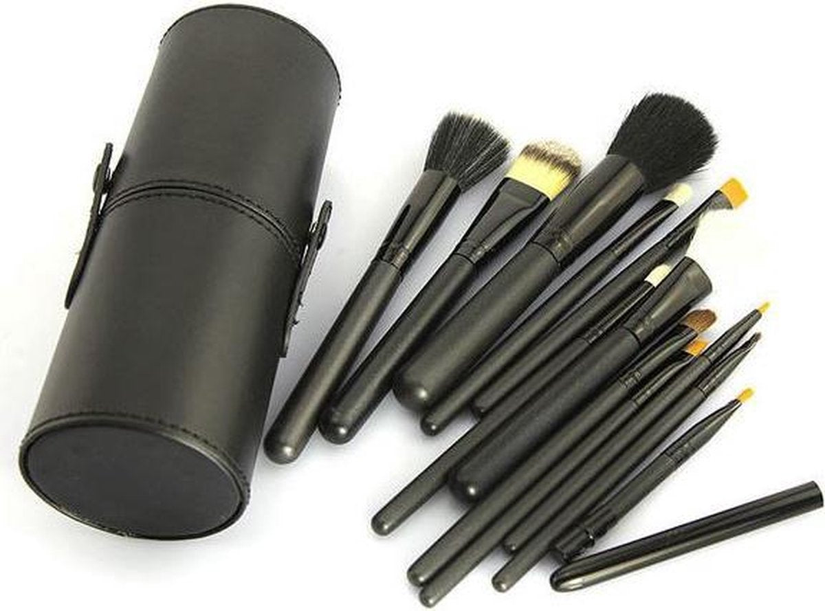 Empaza 12-delige make-up kwasten (brush) set – lederen koker - zwart