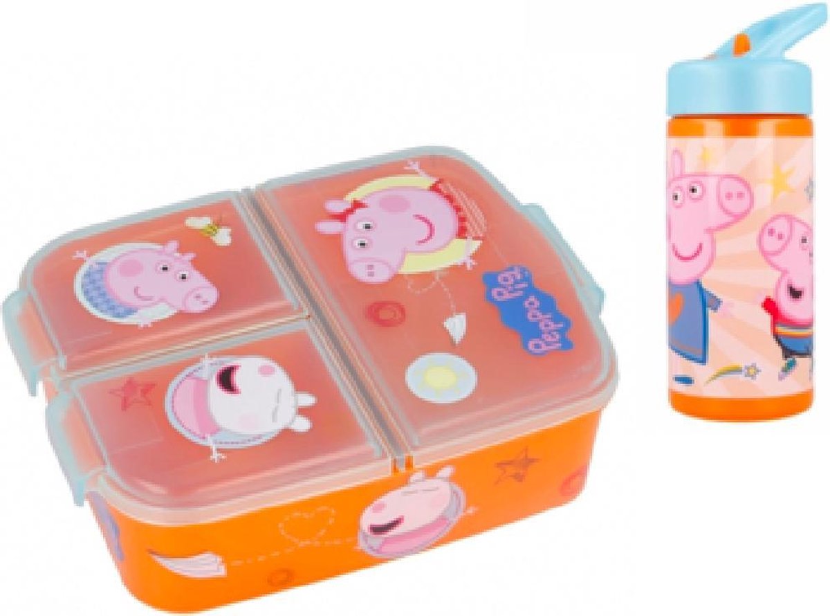 Peppa Pig 3 vaks brooddoos (18 cm - 13 cm - 6 cm) + Drinkfles (18 cm hoog - 400 ml)