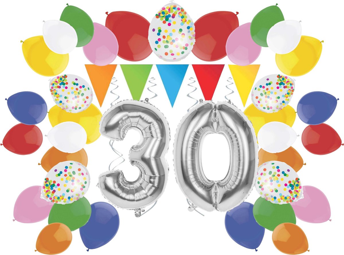 e-Carnavalskleding.nl Feestversiering pakket zilver 30 jaar | Versiering 30e verjaardag | 30 jaar feestversiering pakket zilver compleet | Leuk pakket zilver met feestartikelen voor de 30e verjaardag Medium
