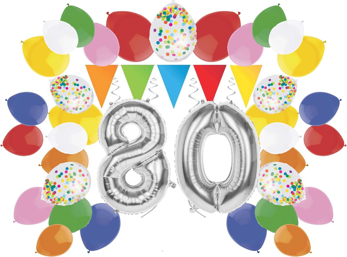 e-Carnavalskleding.nl Feestversiering pakket zilver 80 jaar | Versiering 80e verjaardag | 80 jaar feestversiering pakket zilver compleet | Leuk pakket zilver met feestartikelen voor de 80e verjaardag Medium
